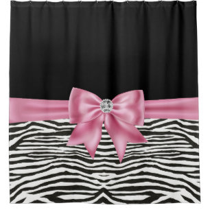 Cortina De Ducha Glam Pink Bow Diamond Zebra Imprimir negro