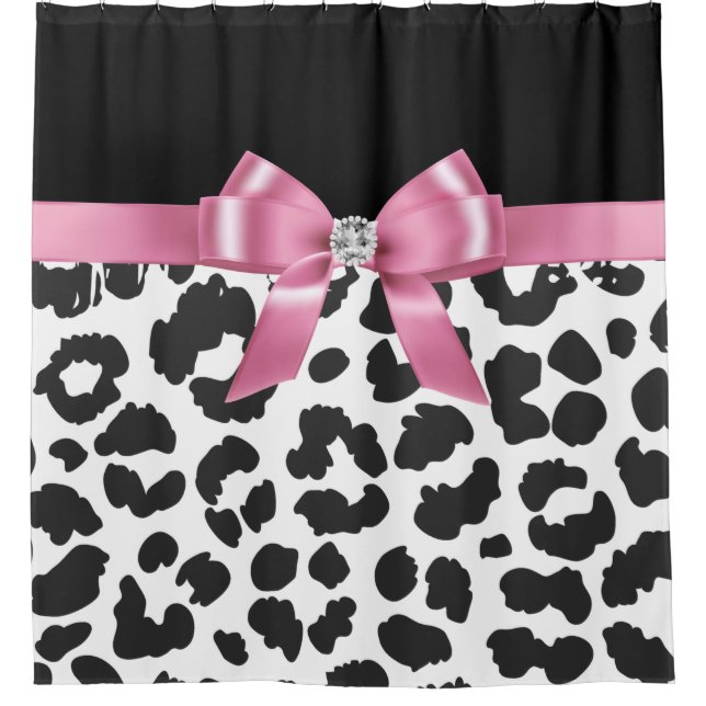 Cortina De Ducha Glam Pink Bow-Snow Leopard Print-Black (Anverso)