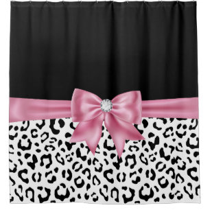 Cortina De Ducha Glam Pink Diamond Bow Black Snow Leopard