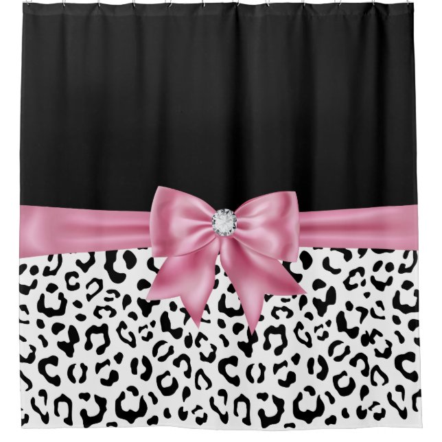 Cortina De Ducha Glam Pink Diamond Bow Black Snow Leopard (Anverso)