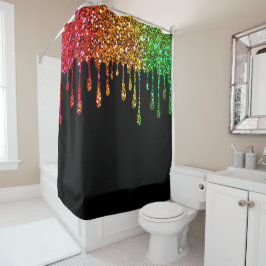 Cortina De Ducha Glam Rasta Arcoíris Brillo Goteo Negro