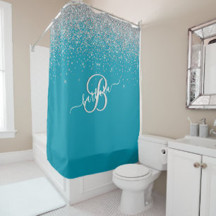 Cortina De Ducha Glam Turquoise 3-Color Monograma Nombre