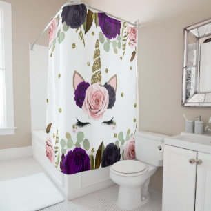 Cortina De Ducha Glamor floral oscuro unicornio con brillo dorado d