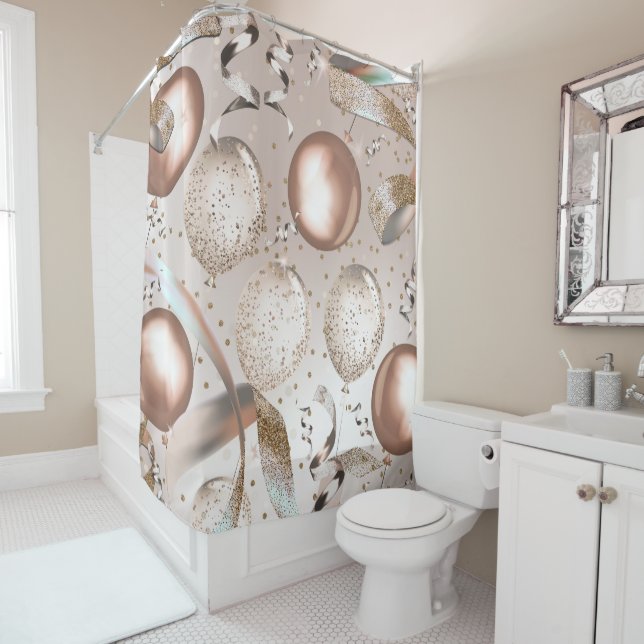 Cortina De Ducha Globos rosados y Purpurinas de oro Rosa (In situ)