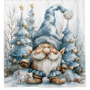 Cortina De Ducha Gnome azul turbio y árboles de Navidad