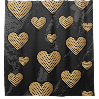 Cortina De Ducha Gold Outline Hearts on Black Marble Texture