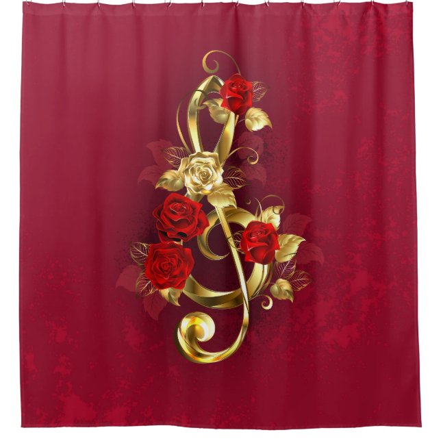 Cortina De Ducha Golden Treble Clef con flores Rosas (Anverso)