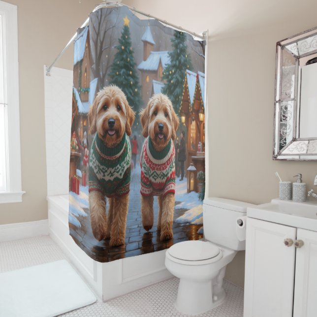 Cortina De Ducha Goldendoodle Dogs Christmas Snow Holiday (In situ)