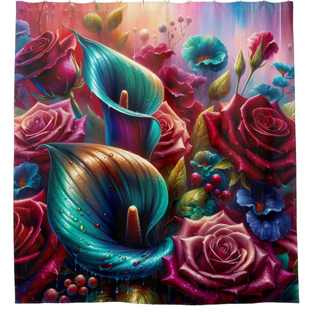 Cortina De Ducha "Gotas de lluvia sobre Rosas y Calla Lilies" (Anverso)