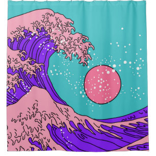 Cortina De Ducha Gran ola de vaporwave: arte oceánico estilizado