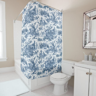 Cortina De Ducha Granja Rústica Vintage Toile-Blue & White