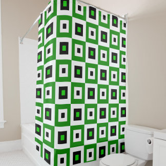 Cortina De Ducha Green Black White Checkered Squares Pattern