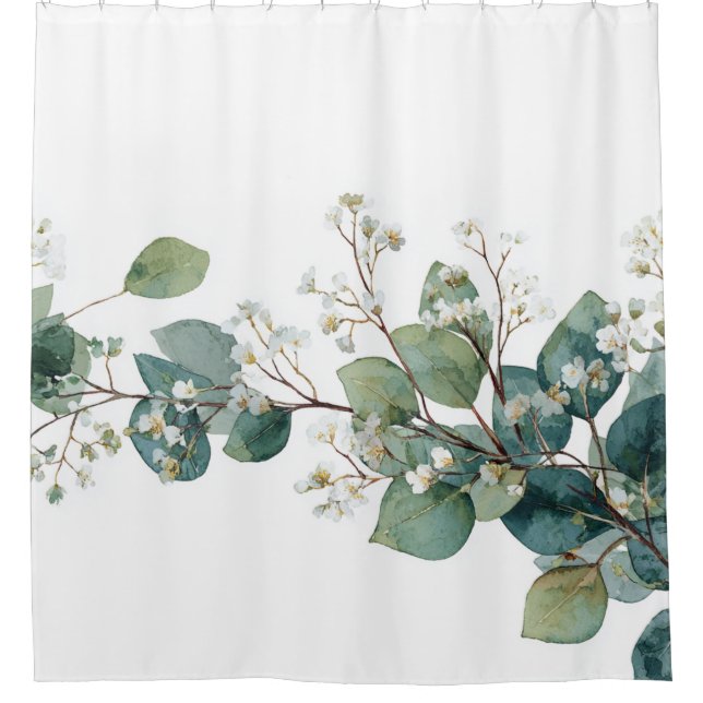 Cortina De Ducha Green Eucalyptus Pastel Floral Whimsical Botanical (Anverso)