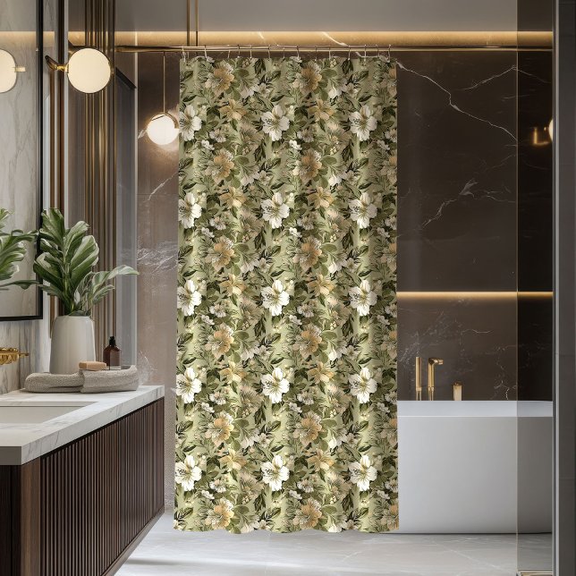 Cortina De Ducha Green Gold Floral Curtain Pastel Botanical Touch (Green Gold Floral Curtain Pastel Botanical Touch)