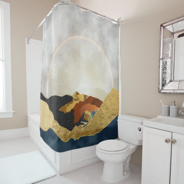 Cortina De Ducha Green Gold Metallic Mountain Bright Sun Landscap (In situ)