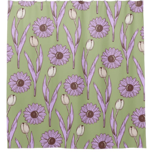 Cortina De Ducha Green Purple Retro Y2K Funky Hippie Flower Pattern (Anverso)
