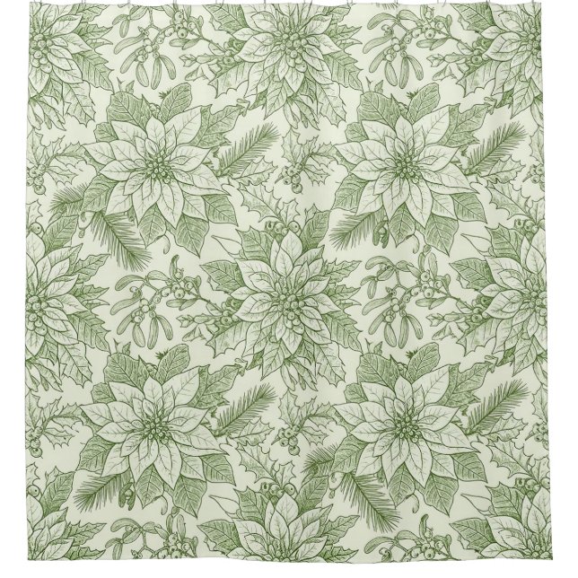 Cortina De Ducha Green Toile Poinsettia Christmas Pattern (1) (Anverso)