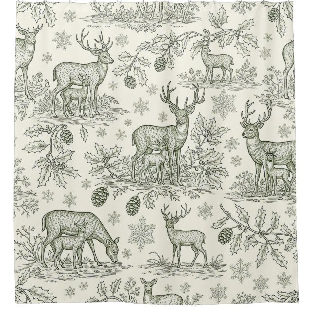 Cortina De Ducha Green Toile Woodland Deer Christmas Pattern (3) (Anverso)