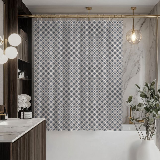 Cortina de ducha gris chic con declaración de cuad (Coral Grey Shower Curtain Modern Plaid Statement)