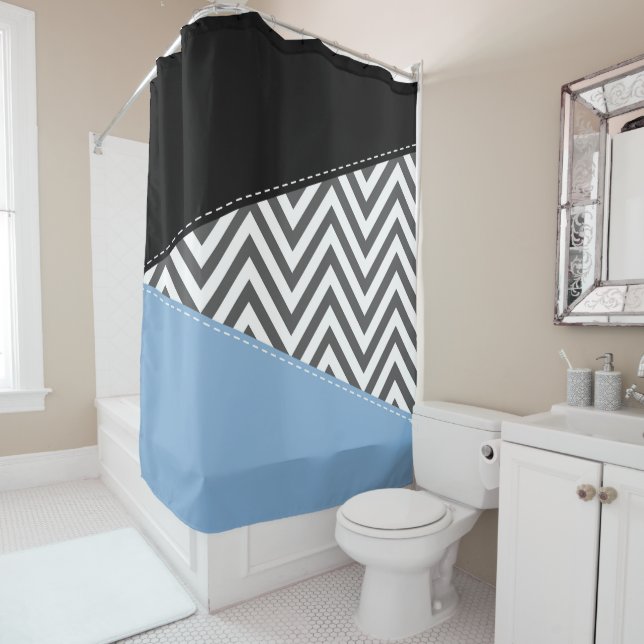 Cortina De Ducha Gris Zigzag, Gris Chevron, Zigzag Pattern, Azul (In situ)