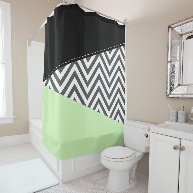 Cortina De Ducha Gris Zigzag, Gris Chevron, Zigzag Pattern, Mint (In situ)