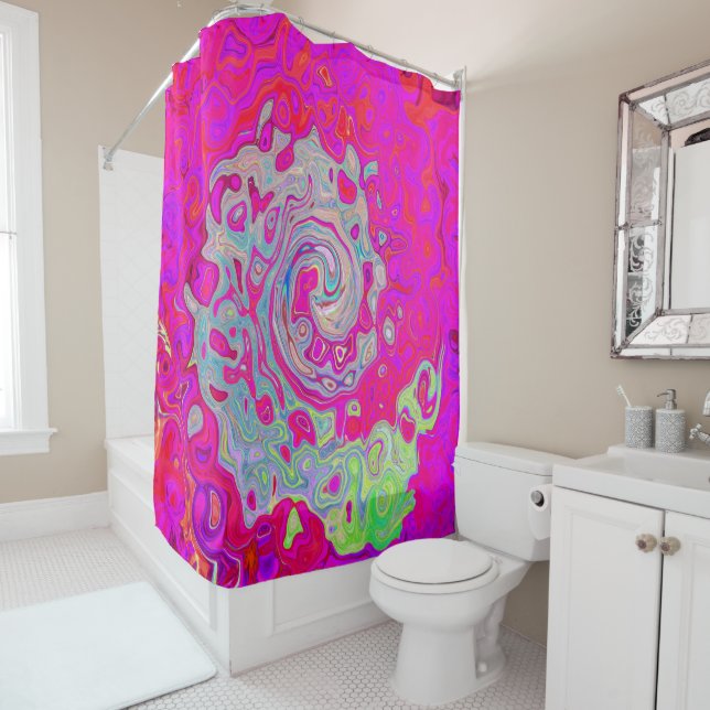 Cortina De Ducha Groovy Resumen Verde azulado Azul y Rojo Swirl (In situ)