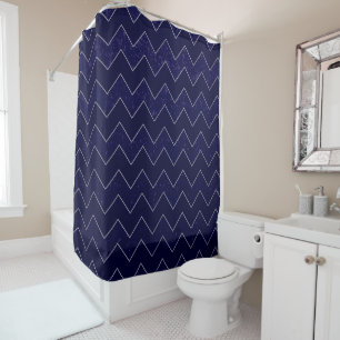 Cortina De Ducha Grunge azul marino Chevron con pedrería plateada
