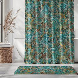 Cortina De Ducha Grunge Damask Aqua Viridian Mustard Terracotta