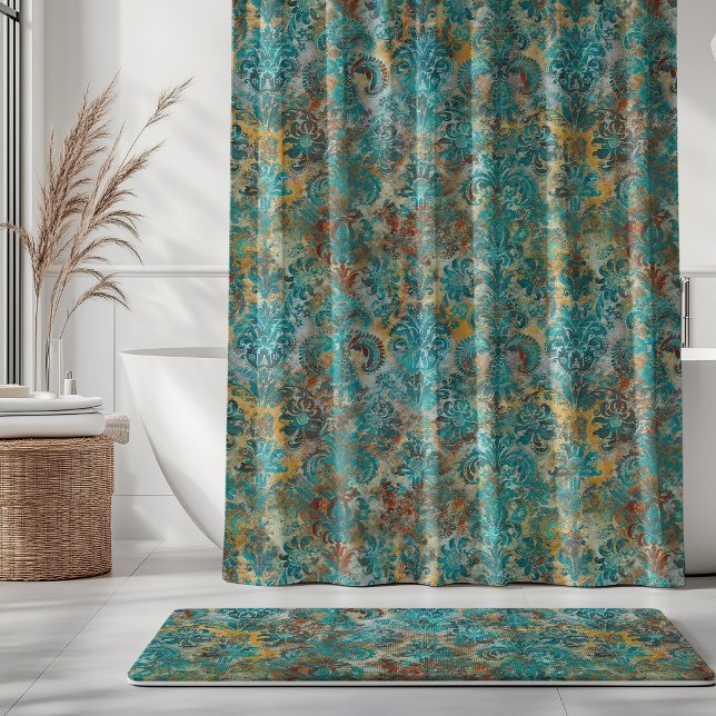 Cortina De Ducha Grunge Damask Aqua Viridian Mustard Terracotta (Subido por el creador)