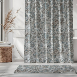 Cortina De Ducha Grunge Damask Taupe Sky Blue Cream Grey