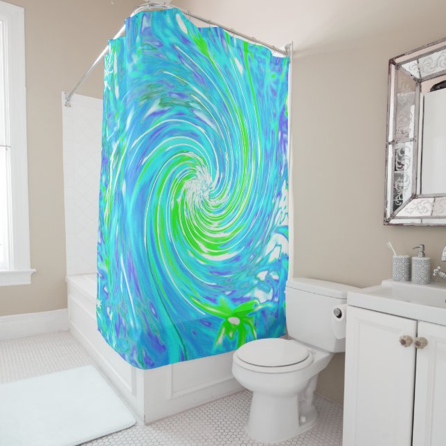 Cortina De Ducha Guay Resumen Retro Aqua y Lime Green Swirl (In situ)