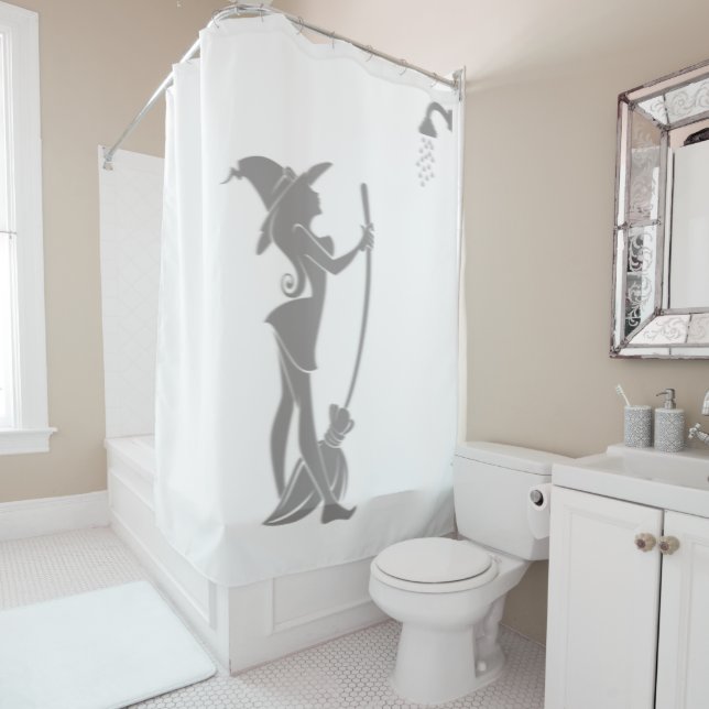 Cortina De Ducha Halloween Bonito Witch Broom In Shower Silhouette (In situ)
