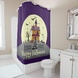 Cortina De Ducha Halloween Hauned House Black Bat Full Moon Ghost