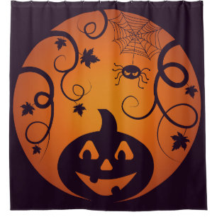 Cortina De Ducha Halloween Jack o linterna cara de calabaza y araña