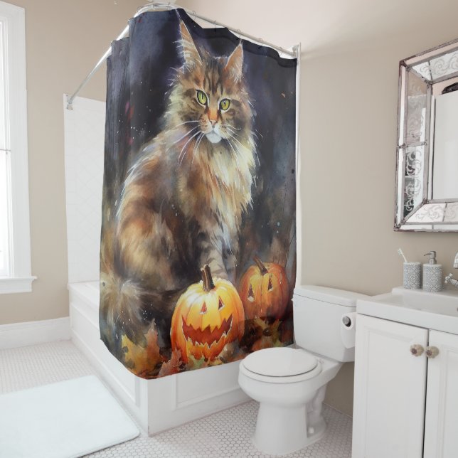 Cortina De Ducha Halloween Maine Coon Cat Con Calabazas Temerosas (In situ)