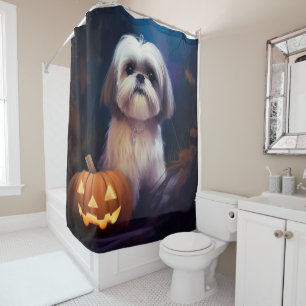 Cortina De Ducha Halloween Shih Tzu con calabazas aterradoras