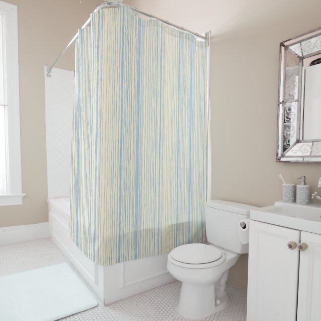 Cortina De Ducha Hand Drawn Blue Vertical Stripe Bathroom Decor (In situ)