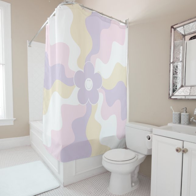 Cortina De Ducha Happy Retro Daisy - Pastel rosa, amarillo y púrpur (In situ)
