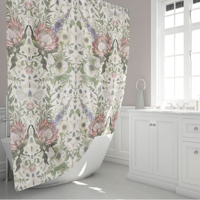 Cortina De Ducha Hermosa acuarela floral (Elegant Butterflies Floral Protea Anemone Larkspur Shower Curtain from Studio Posies.)