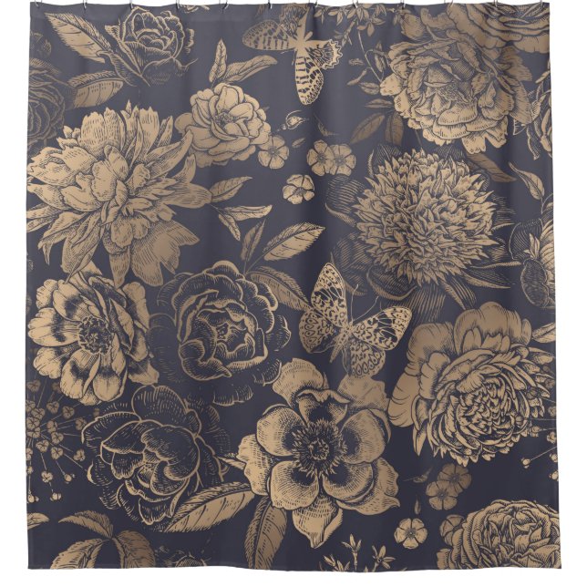Cortina De Ducha Hermosas flores peonías, rosas y mariposas.  (Anverso)