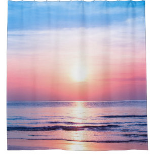 Cortina De Ducha Hermoso amanecer, mar azul, cielo rosa, whi
