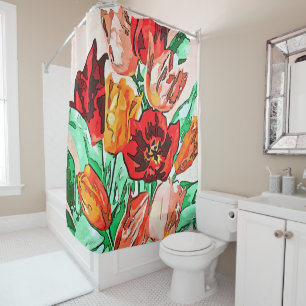 Cortina De Ducha Hermoso Bouquet Floral Tulipanes Arte Contorno Neg