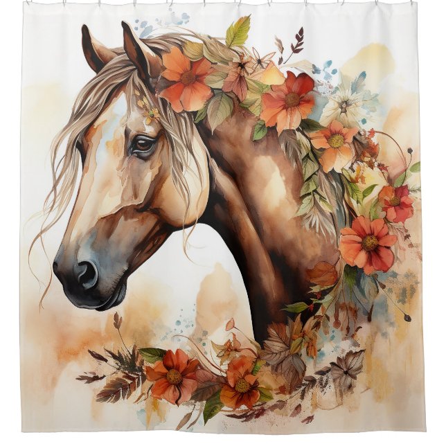 Cortina De Ducha Hermoso caballo con flores de Bonito (Anverso)