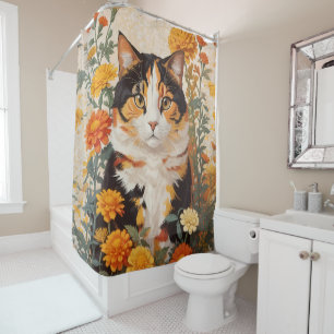 Cortina De Ducha Hermoso Gato Calico Con Flores Marigold