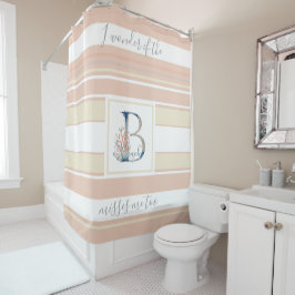 Cortina De Ducha Hermoso monograma de coral azul costero rayado ros