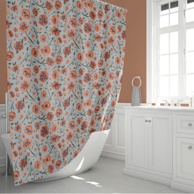 Cortina De Ducha Hermoso Naranja de Poppies Floral (Beautiful Poppies Orange Floral Shower Curtain from Studio Posies.)