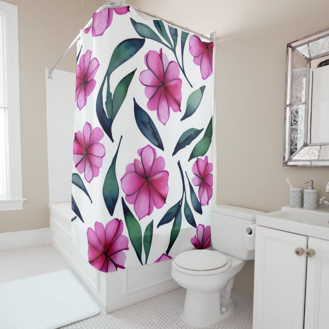 Cortina De Ducha Hermoso patrón de acuarela de flores rosadas (In situ)
