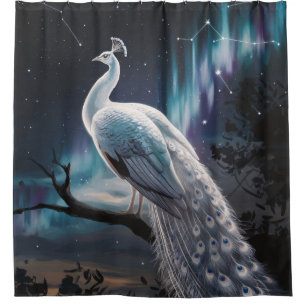 Cortina De Ducha Hermoso Pavo Blanco Aurora Borealis Escenario