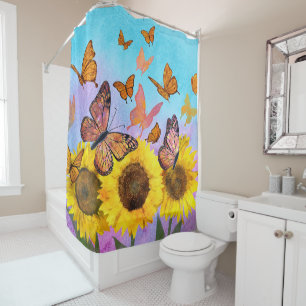 Cortina De Ducha Hermoso Sunflowers Butterflies Flower Garden