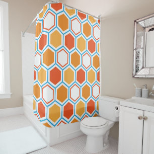 Cortina De Ducha Hexagón en naranja, azul y blanco